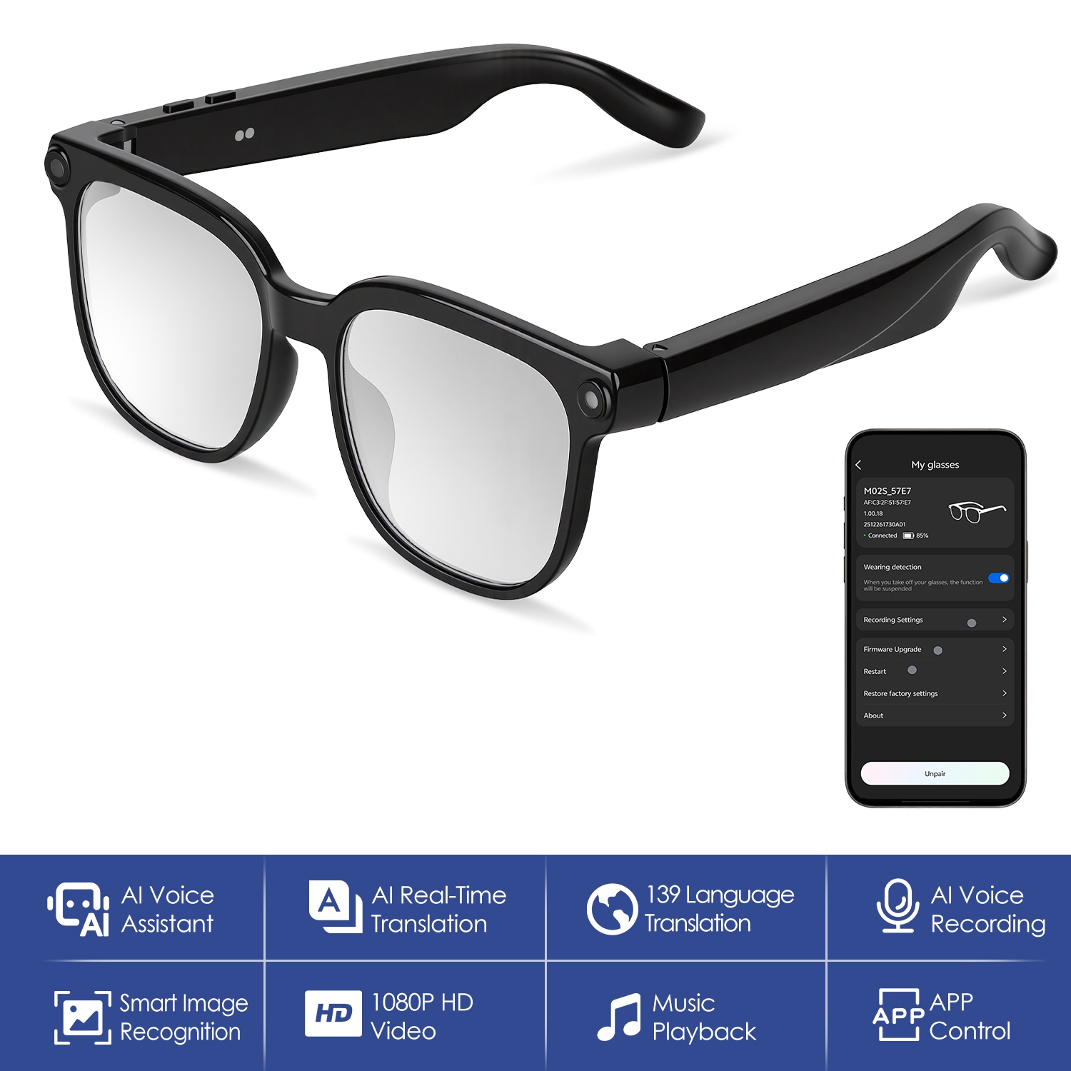 1Pc AI Smart Glasses With Camera And Audio 8MP Real Time Translation 139 Languages Voice Assistant AI Photo Recognition Music Playback & Han