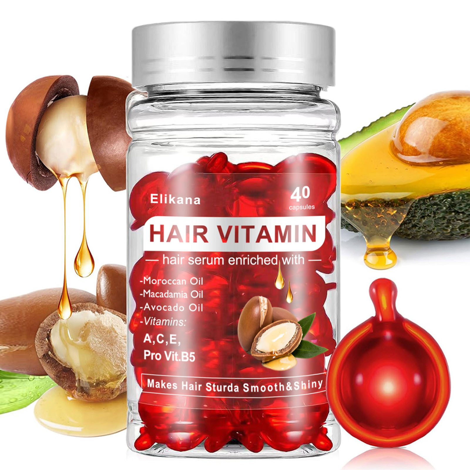 Hair Treatment Serum 40 Hair Care Capsules - No Rinse - With Argan Macadamia & Avocado Oils - Vitamins A, E, & Pro B5 - Conditioner For Wome