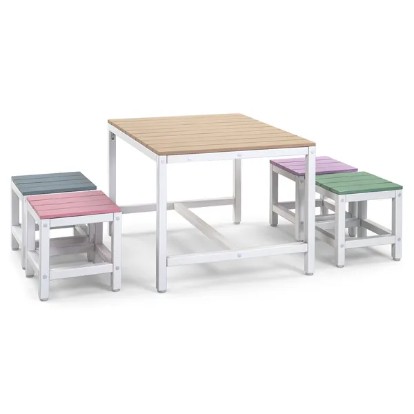 5-piece Children's Patio Table And Chair Set - 1 Table & 4 Stools, 29.5 Inches, Khaki, Pink, Purple, Blue, And Green Color Blocking, Made Of