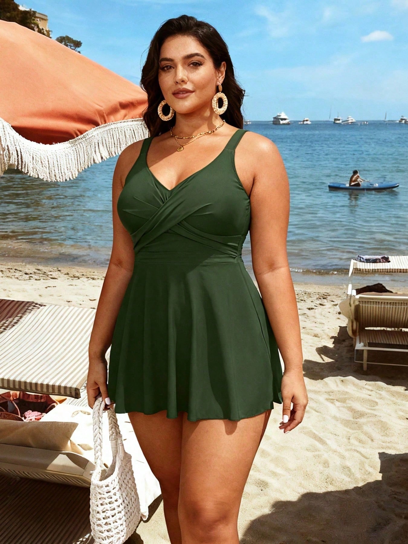 2026 Chic Olive Green Plus Size Swim Dress - Cross V-Neck, Flared Silhouette, Effortless Resort-Level Beach Style
