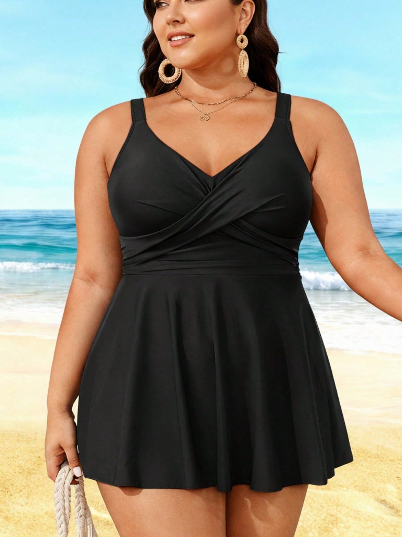 2026 Elegant Plus Size Swim Dress - Black Cross-Front Design, Flared Silhouette, Modest Beach & Pool Swimwear
