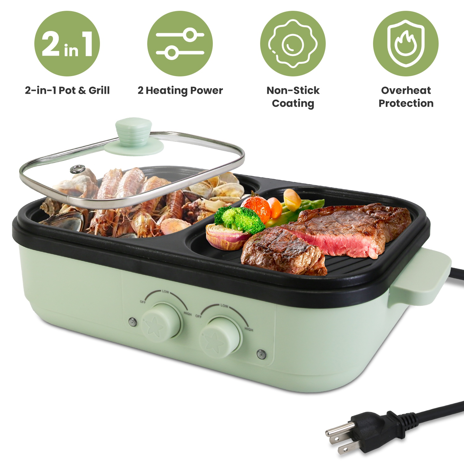 1Pc Electric Hot Pot With Grill 2-in-1 Hot Pot And Frying Pan Portable Non-Stick Pot And Griddle Electric Cooker Pot With Glass Lid Fast Hea