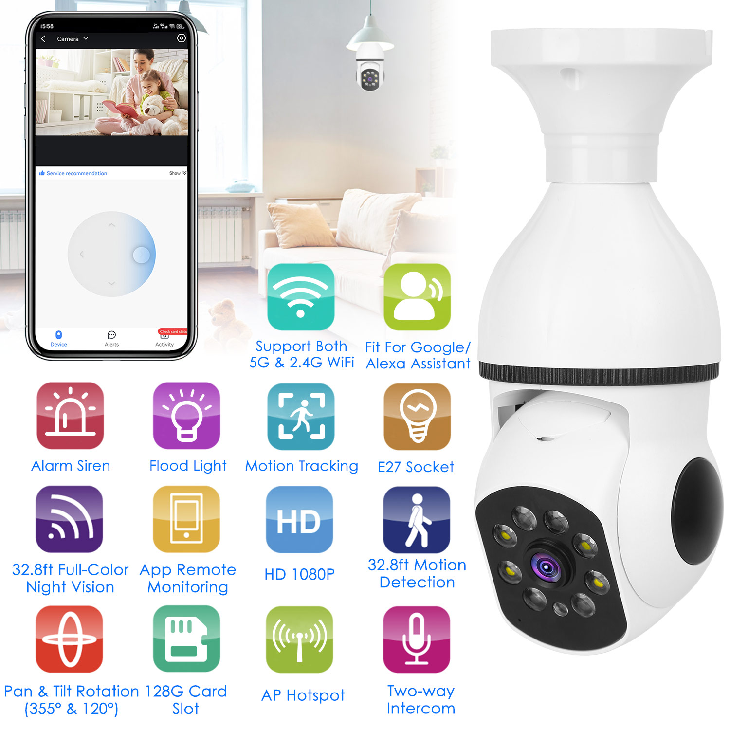 1Pc E27 WiFi Bulb Camera 1080P FHD WiFi IP Pan Tilt Security Surveillance Camera With Two-Way Audio Full Color Night Vision Flood Light Moti